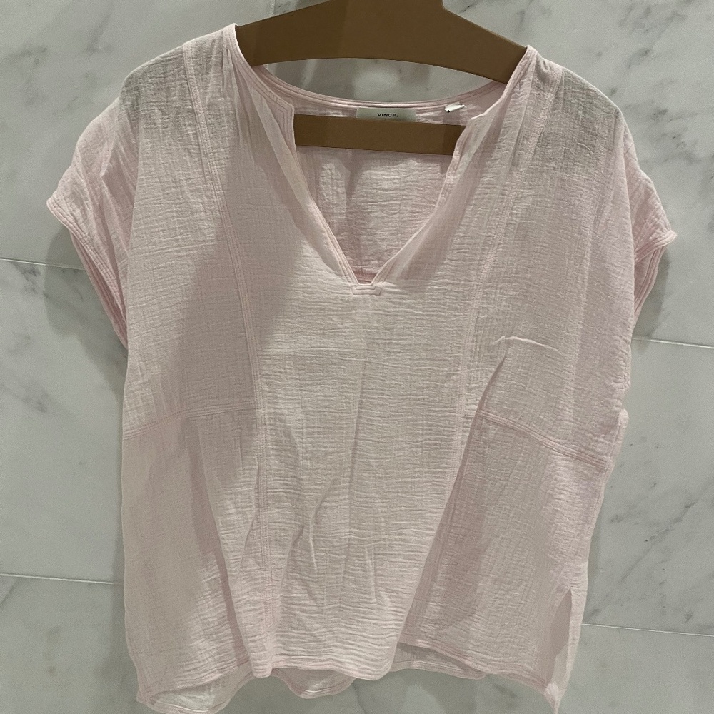 VINCE Cotton Split Neck Popover Boxy Gauzy top blouse light pink S